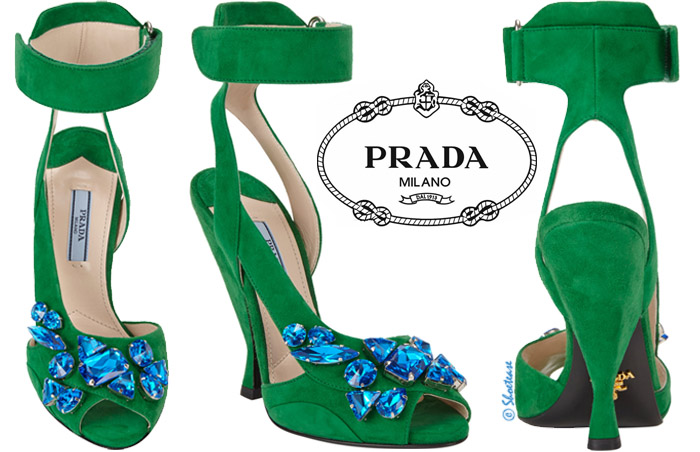 Cheers to Prada's Green Suede Jewelled Sandals!