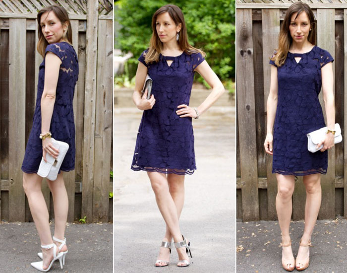 navy dress rose gold accessories