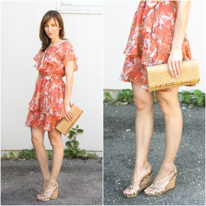 peach dress with gold shoes
