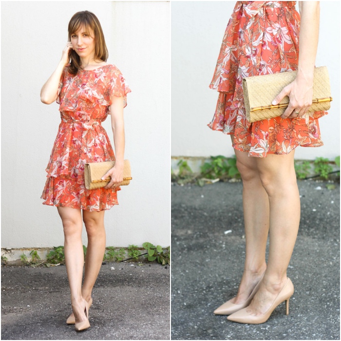 peach dress with blue shoes
