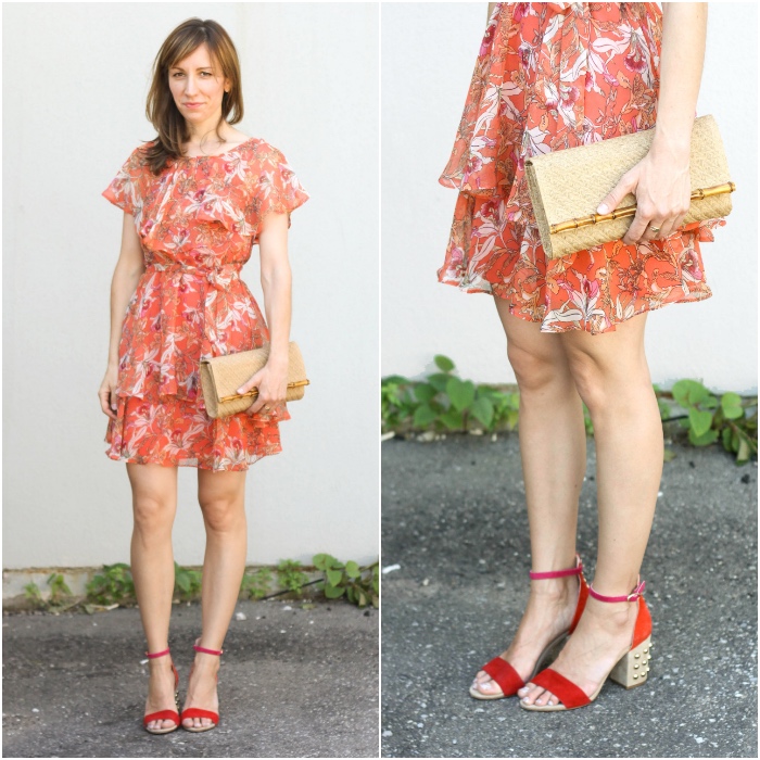 peach dress and red shoes