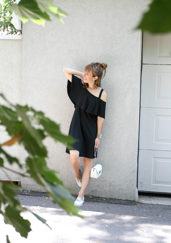 Black Off the Shoulder Dress with Two Tone Loafers