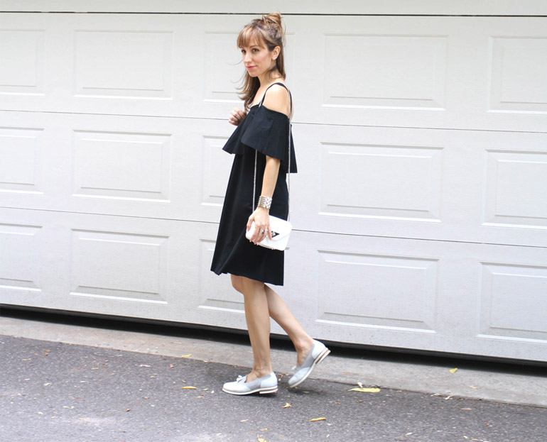 off shoulder dress and sneakers