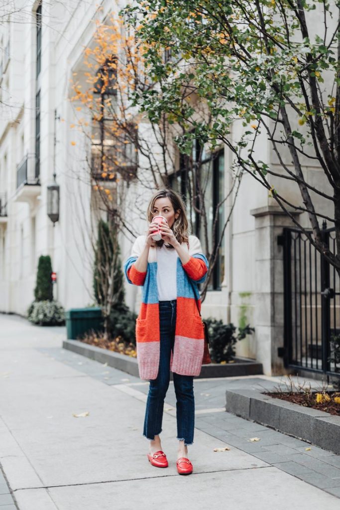 Red Hot Gucci Loafers Dupe Outfit: Vionic Adeline Slides & Striped Cardi