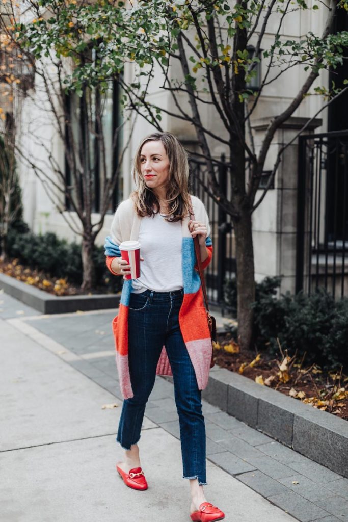 Red Hot Gucci Loafers Dupe Outfit: Vionic Adeline Slides & Striped Cardi