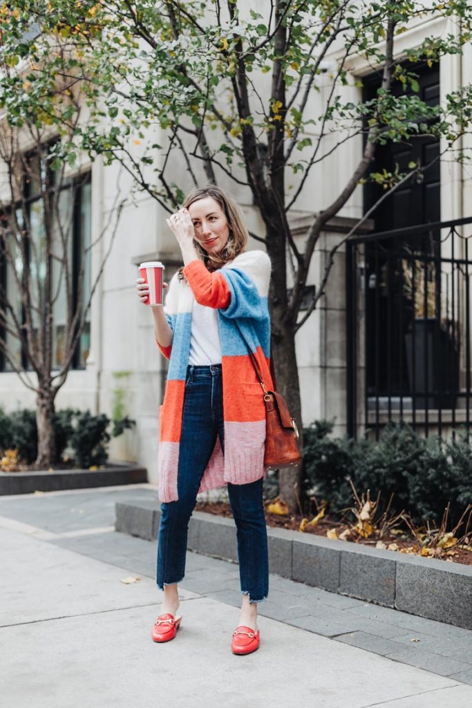 Red Hot Gucci Loafers Dupe Outfit: Vionic Adeline Slides & Striped Cardi