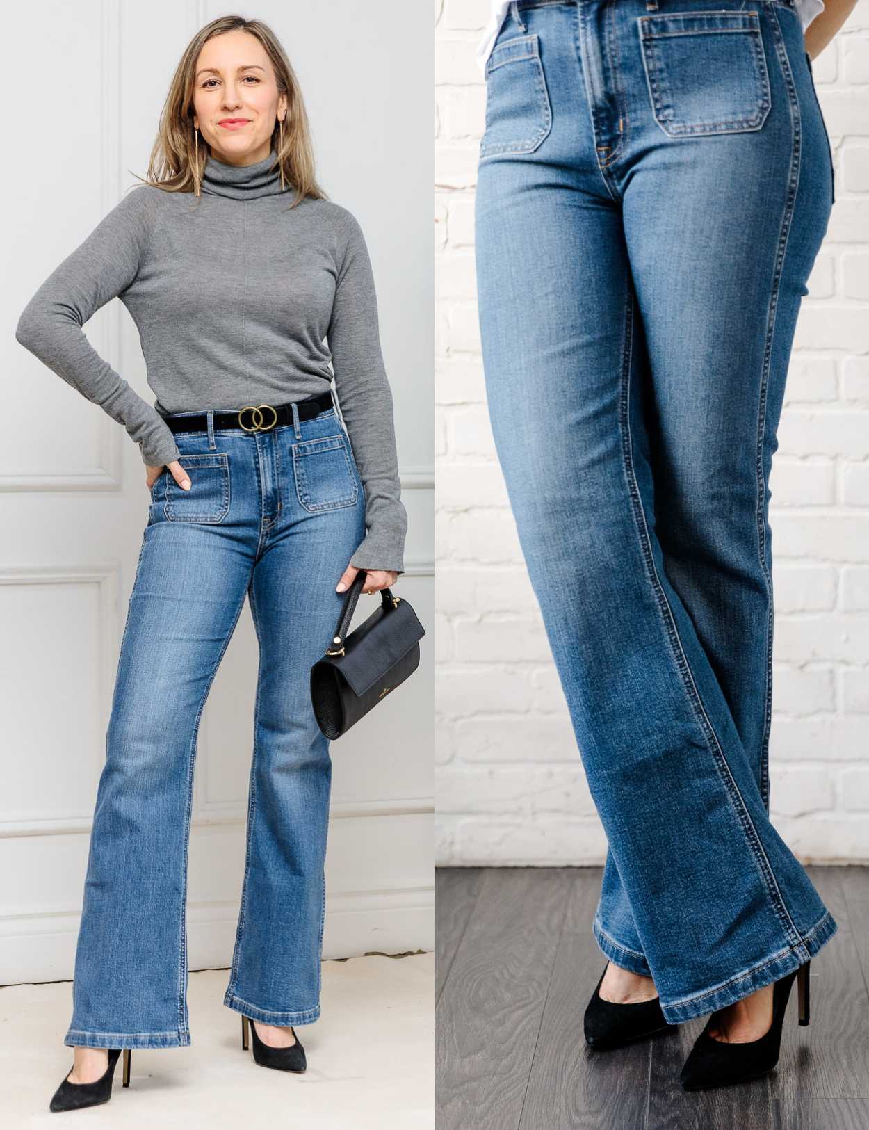 Woman wearing high heel shoes with flare jeans grey turtleneck and black purse.