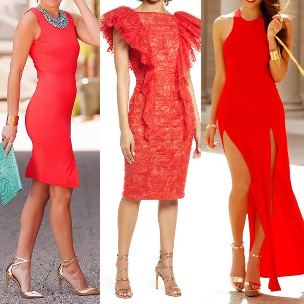 3 women wearing a red dress with gold shoes to illustrate what color shoes to wear with red dress outfit.