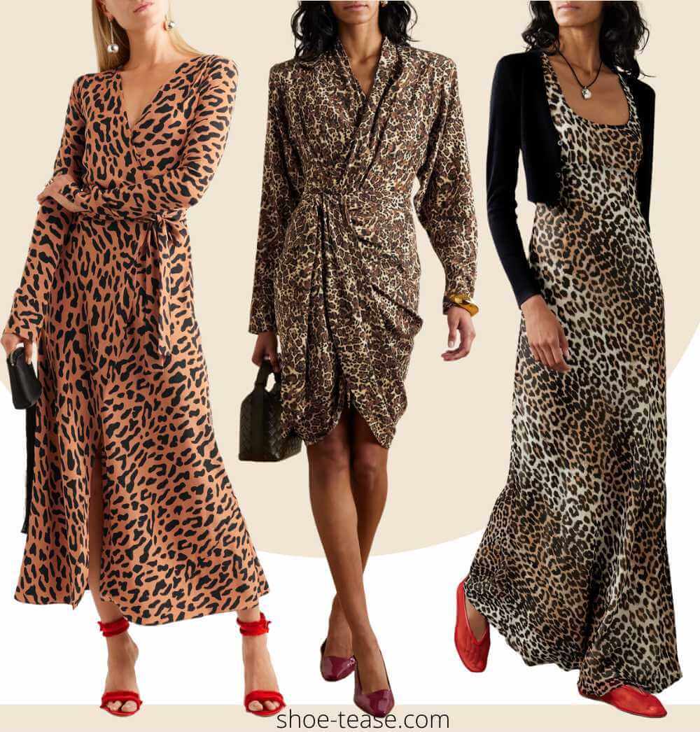 Collage of 3 women wearing different leopard print and red shoes outfits.