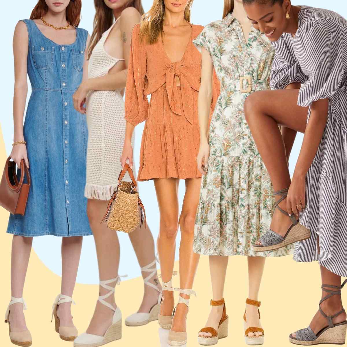 Collage of 5 women wearing espadrilles with dresses.