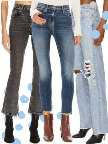 Close up collage of 3 women wearing blue jeans and ankle boots.