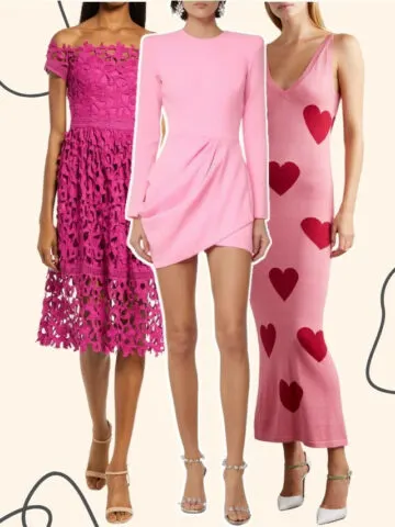 Collage of 3 women wearing heels with pink dresses.