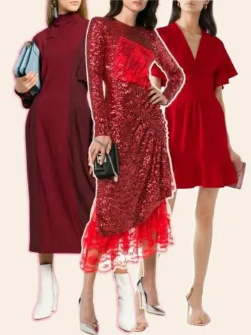 Collage of 3 women wearing different red shoes outfits with different color shoes.