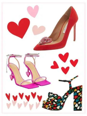 Collage of 3 heart heels with heart graphics.