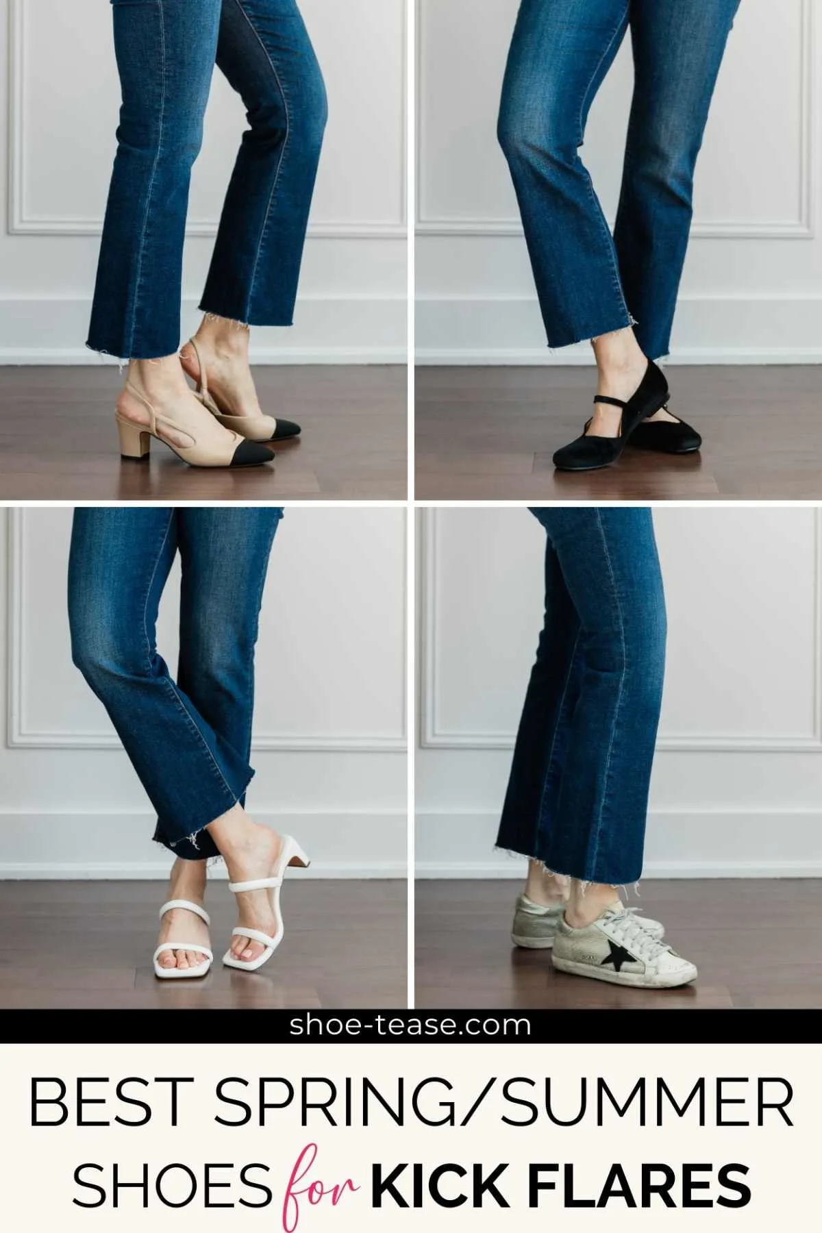 Collage of 4 cropped views of woman's legs wearing blue kick flare jeans with different spring summer shoes.
