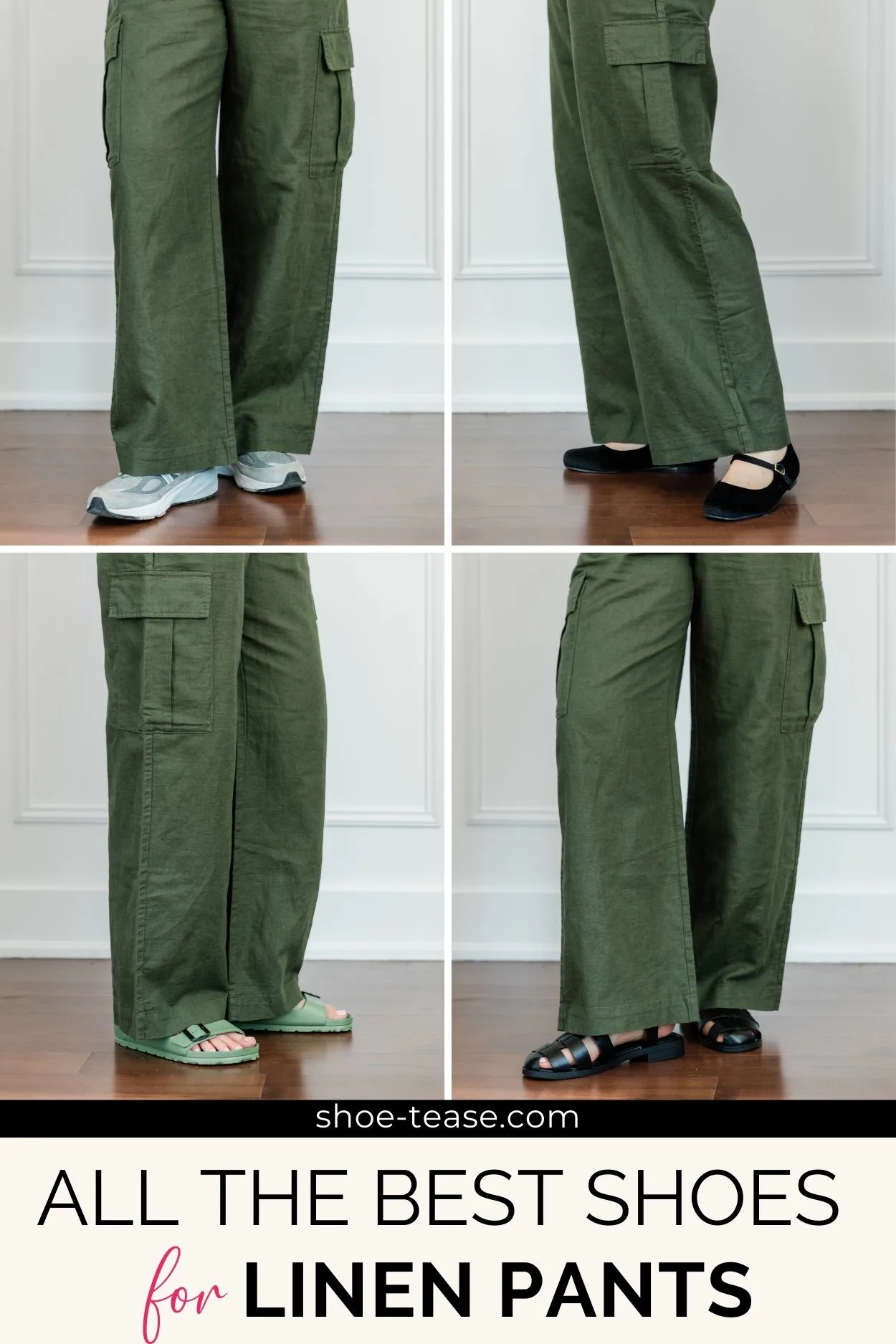 Collage of 4 cropped views of woman's legs wearing olive green full length linen pants with different spring summer shoes.