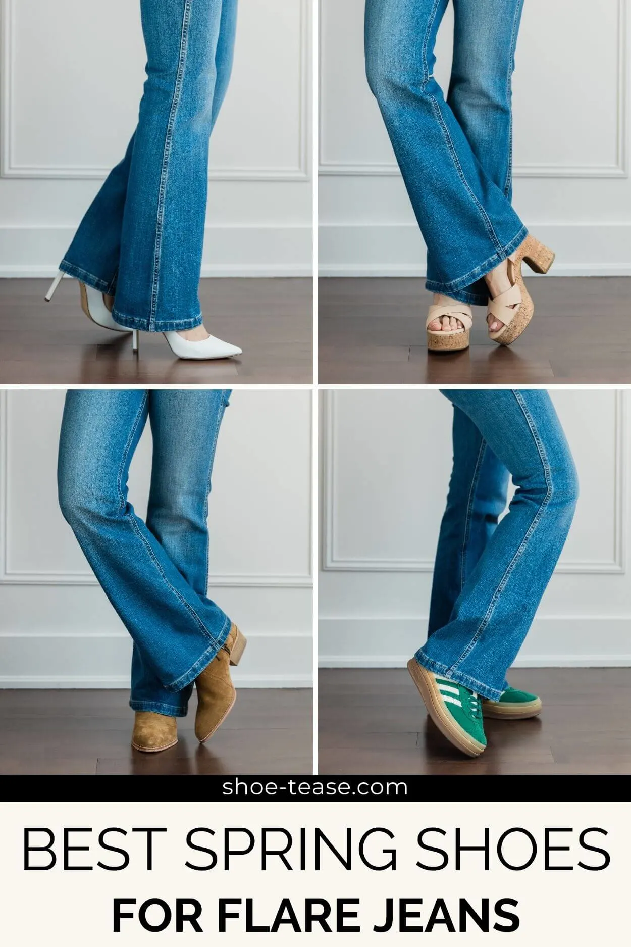 Collage of 4 cropped views of woman's legs wearing long blue flare jeans with different spring summer shoes.