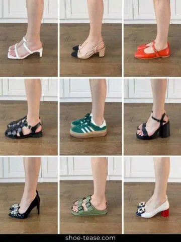 9 image collage showing cropped side views of woman wearing various shoes on a wooden floor.