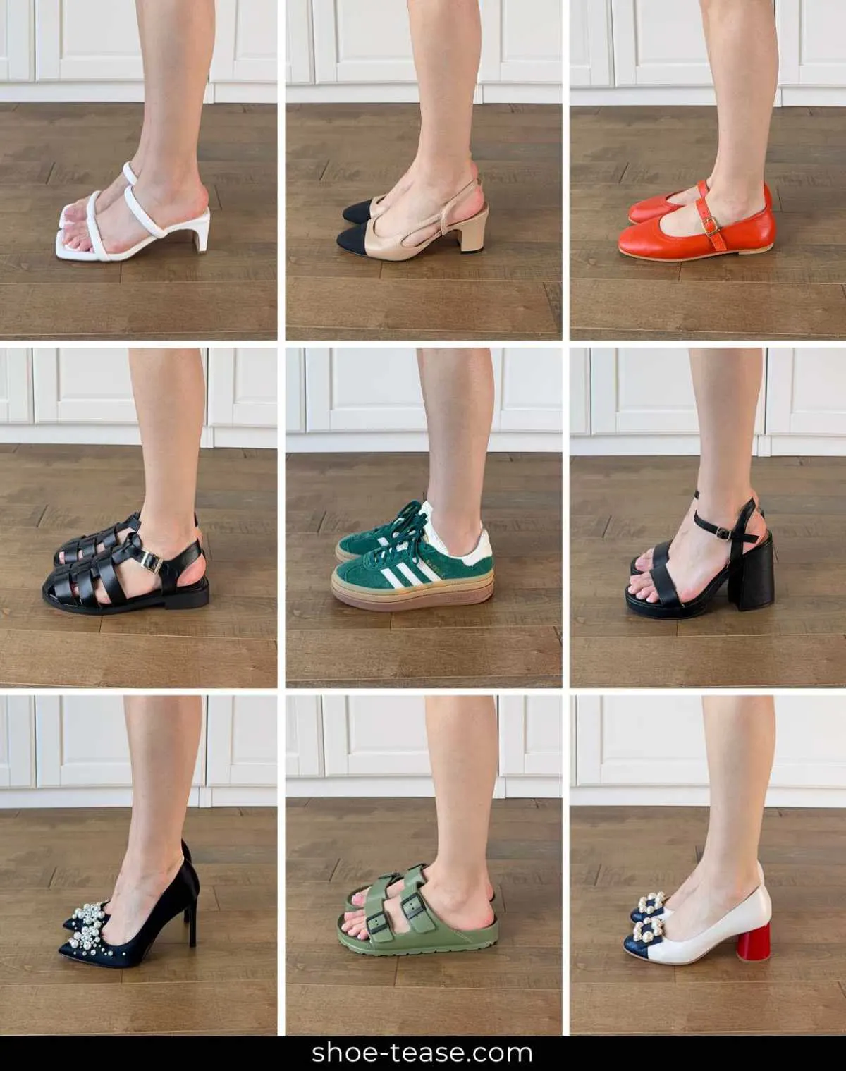 9 image collage showing cropped side views of woman wearing various shoes on a wooden floor.