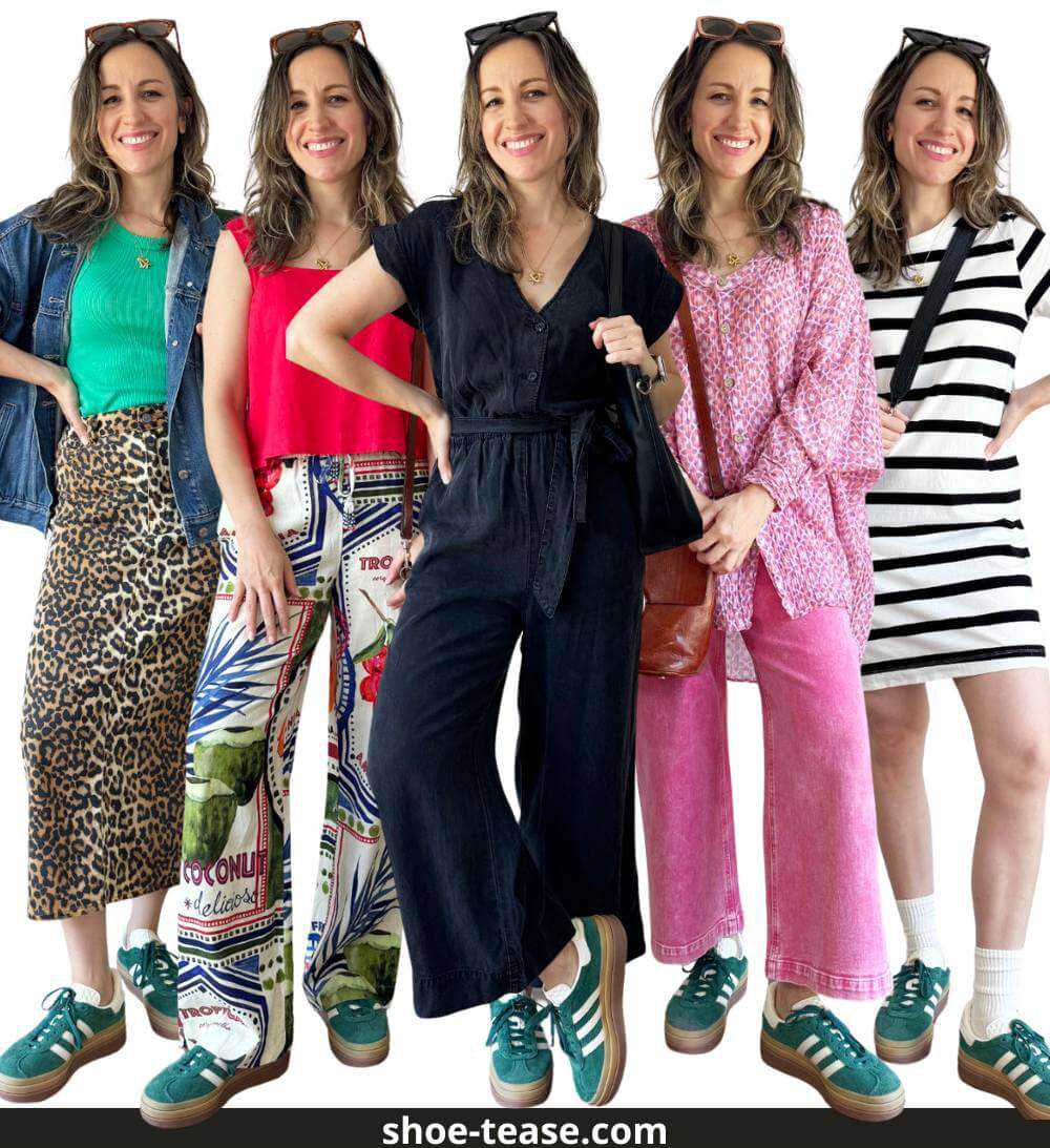 Collage of 5 brunette women wearing different outfits with green platform adidas sneakers.