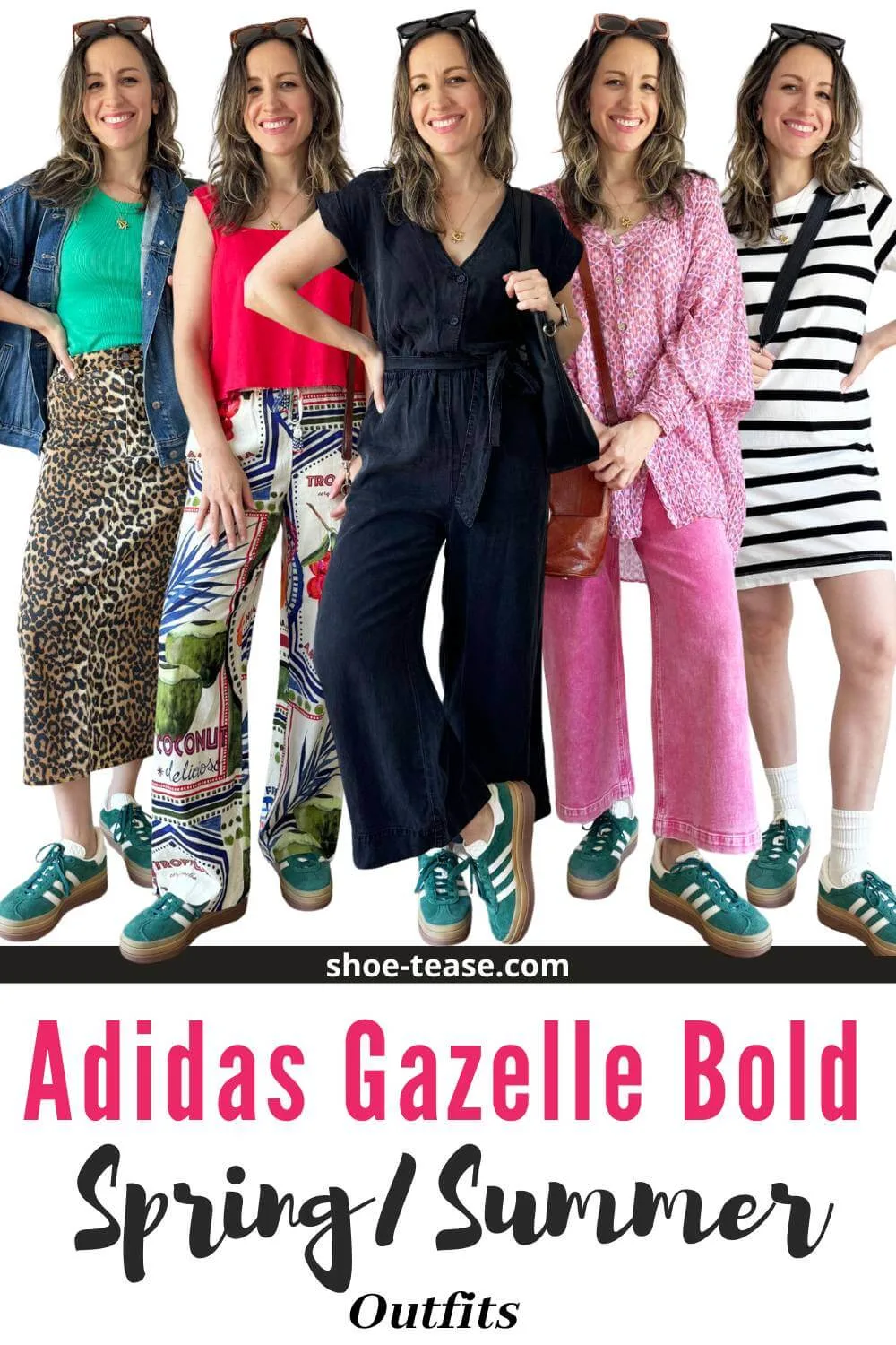 Collage of 5 brunette women wearing different outfits with green platform adidas sneakers. 