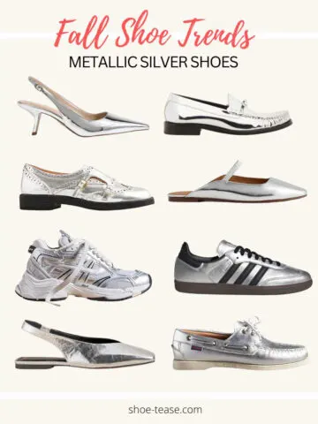 Collage of 8 silver shoes for fall 2024.