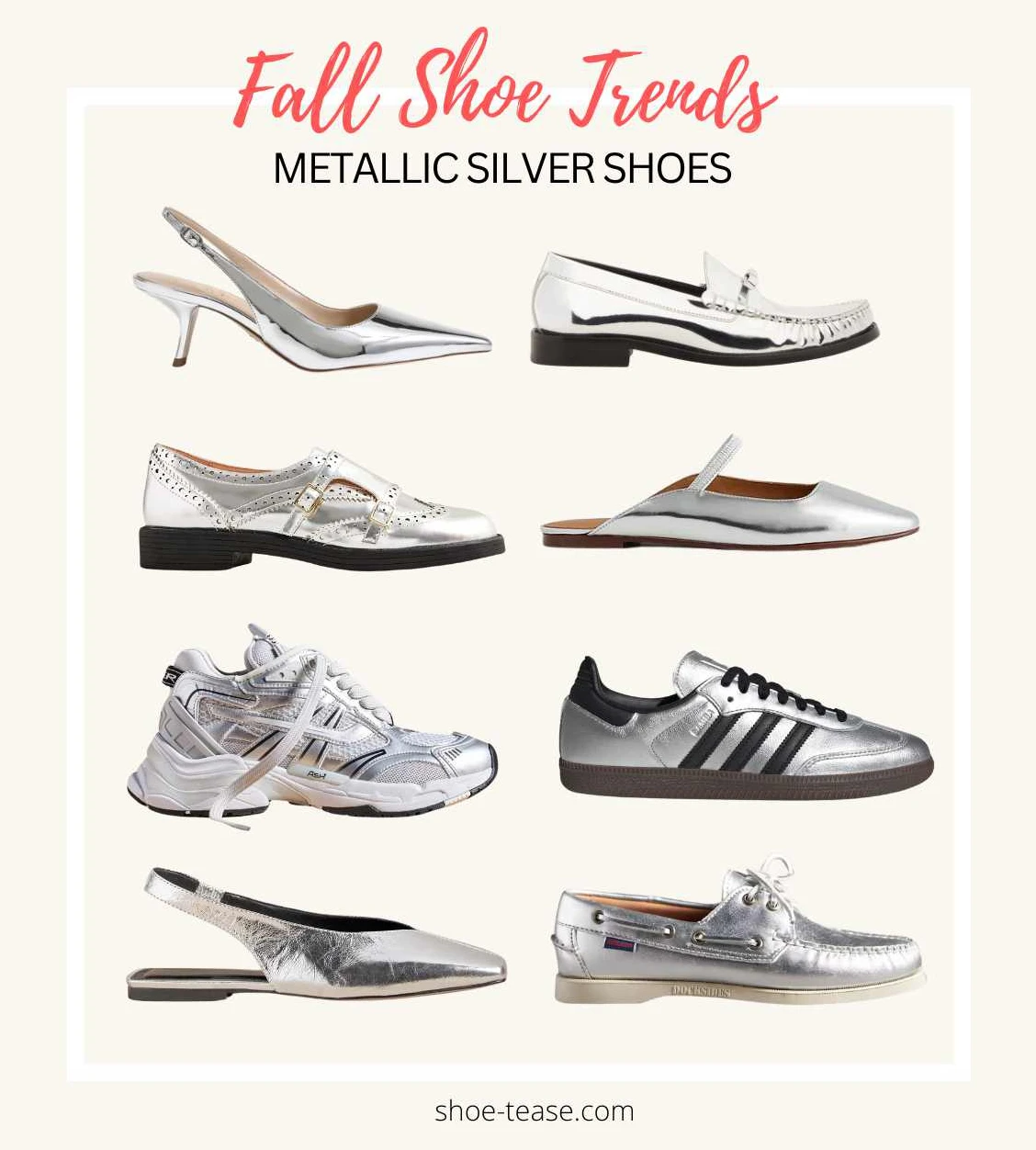 Collage of 8 silver shoes for fall 2024.