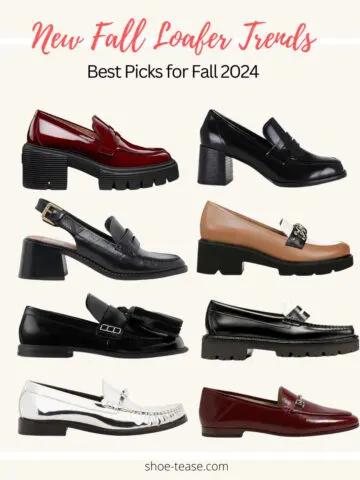 Collage of 8 different loafer shoes on a light pink background with text reading fall loafer trends best picks for fall 2024.