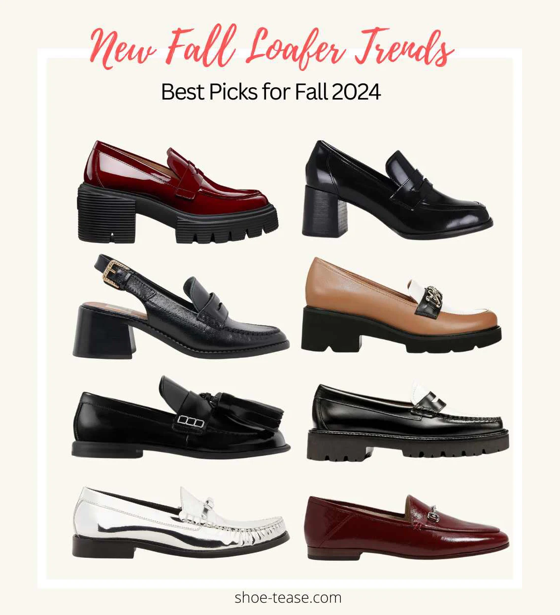 Collage of 8 different loafer shoes on a light pink background with text reading fall loafer trends best picks for fall 2024.