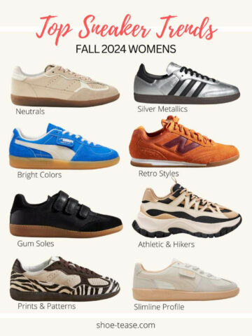 Collage top 8 fall sneaker trends for women in 2024.