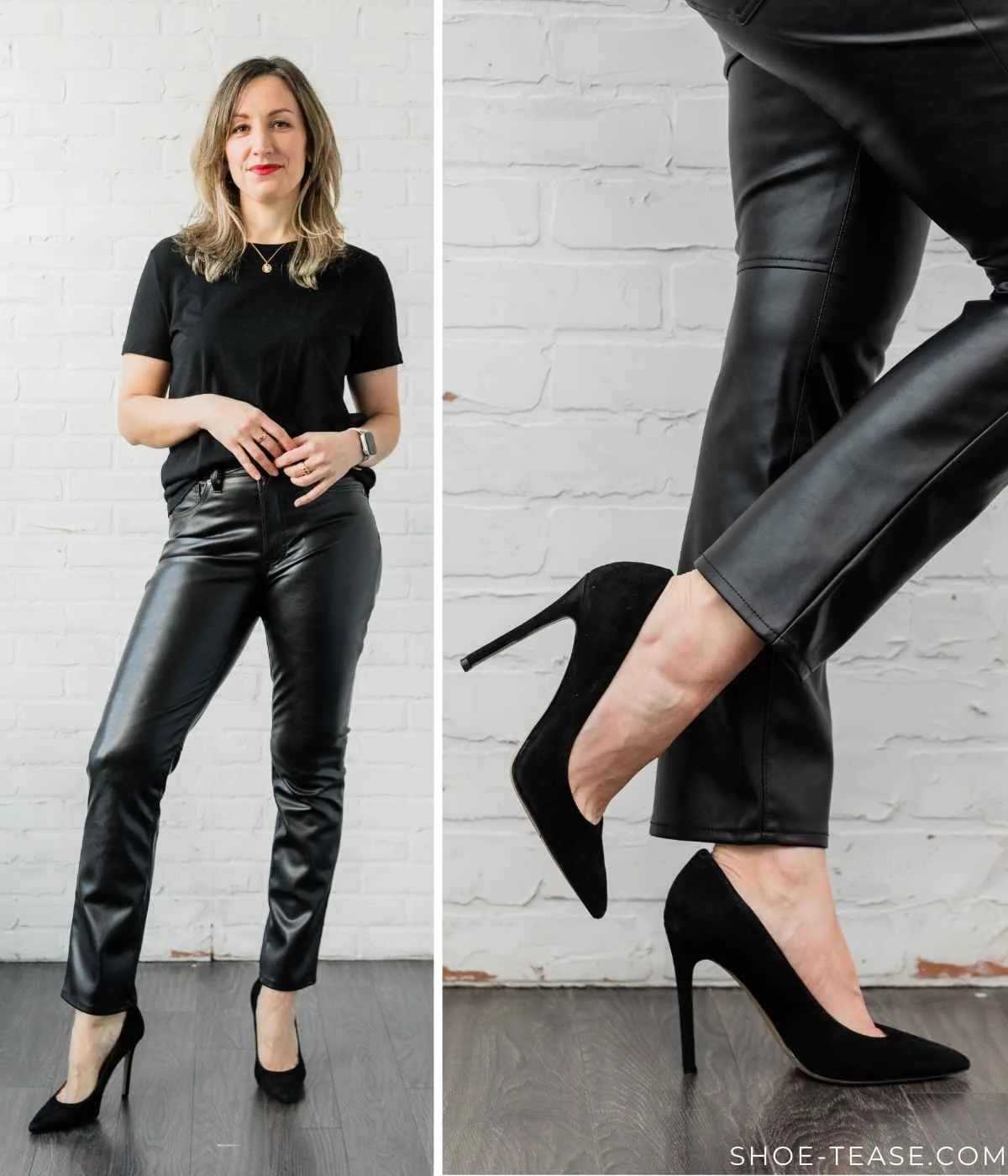 Woman posing wearing straight leg black leather pants with black heeled pumps + black tshirt.