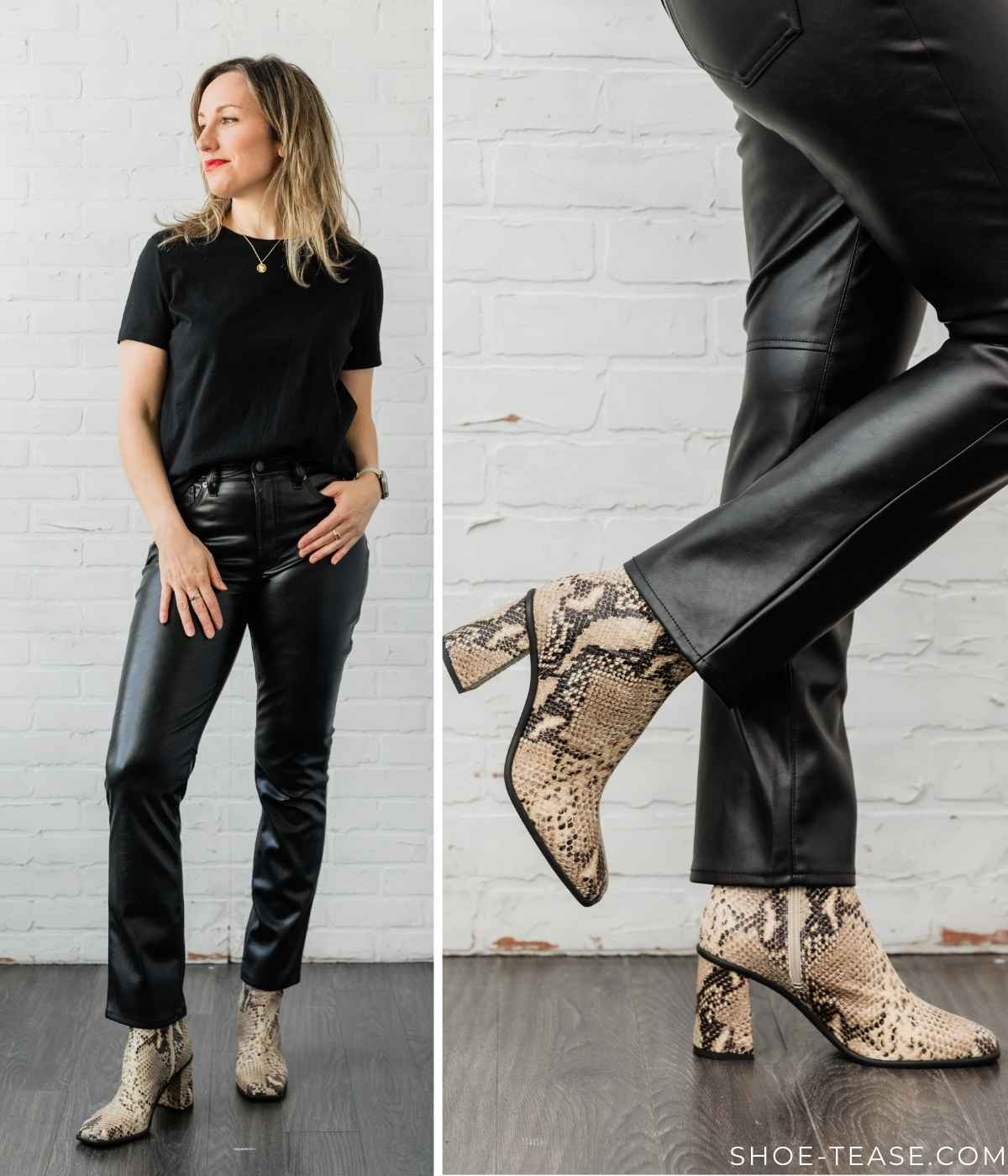 Woman posing wearing straight leg black leather pants with snake print ankle boots + black tshirt.