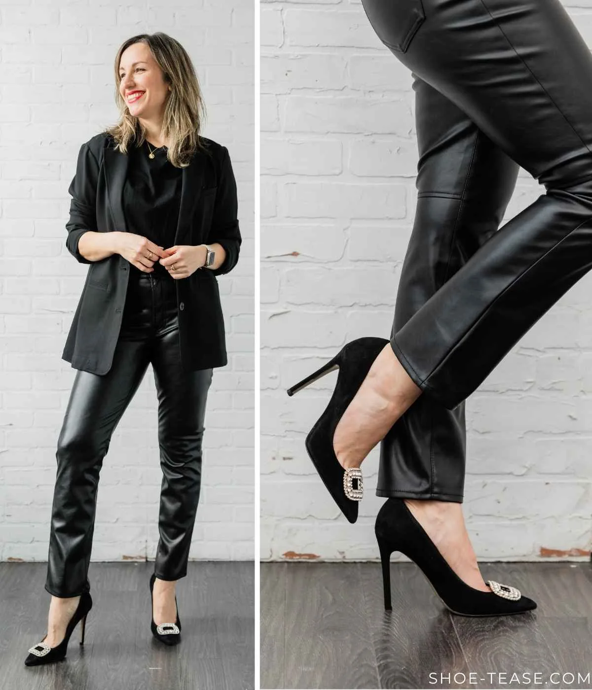 Woman posing wearing straight leg black leather pants with black heeled jewelled bumps + black tshirt and black blazer.