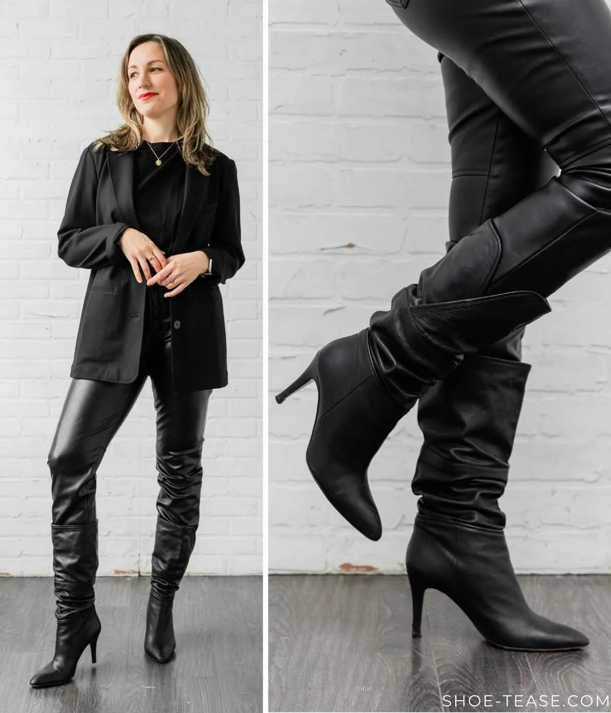 Woman posing wearing straight leg black leather pants with leather knee high boots + black tshirt and black blazer.