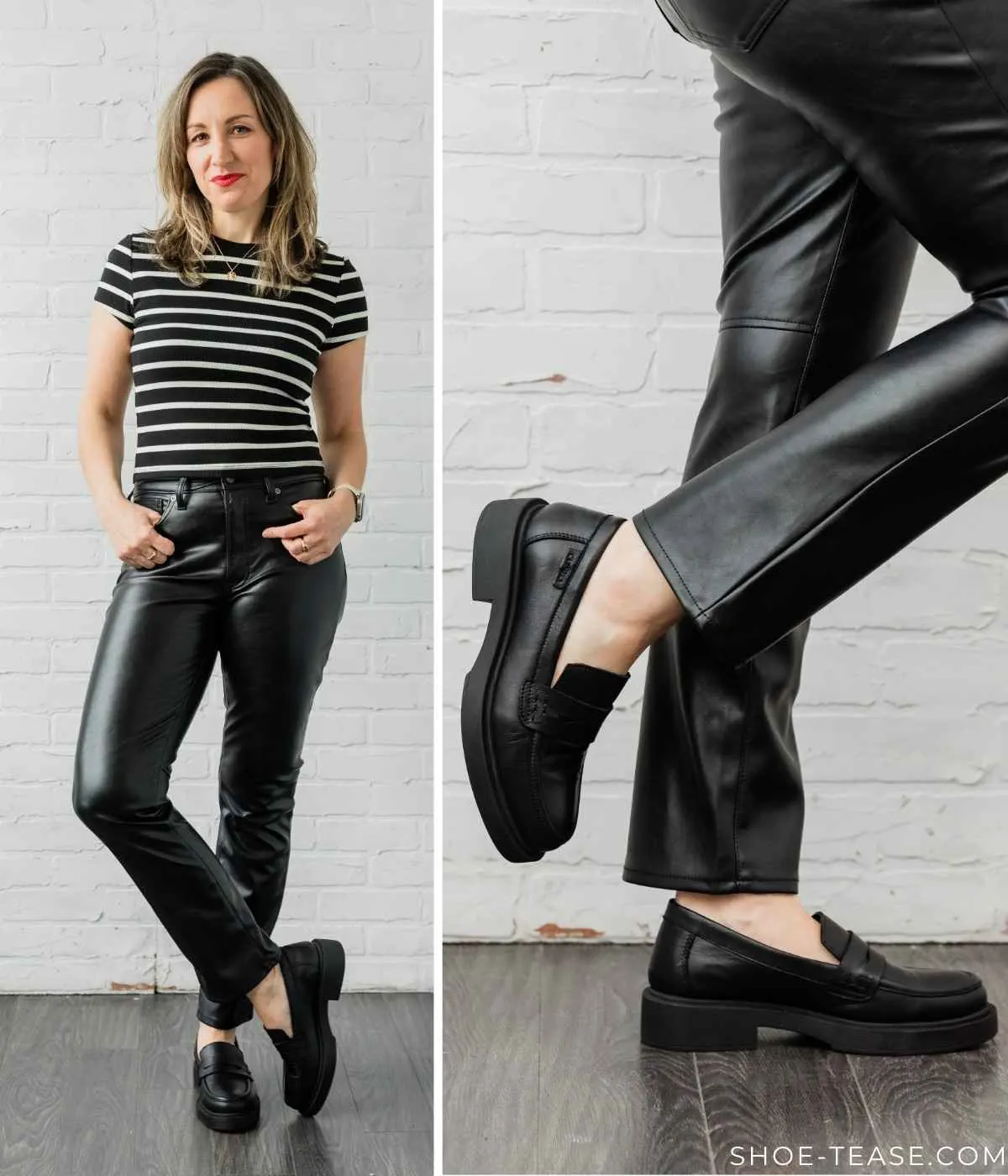 Woman posing wearing straight leg black leather pants with black leather loafers + striped tshirt.