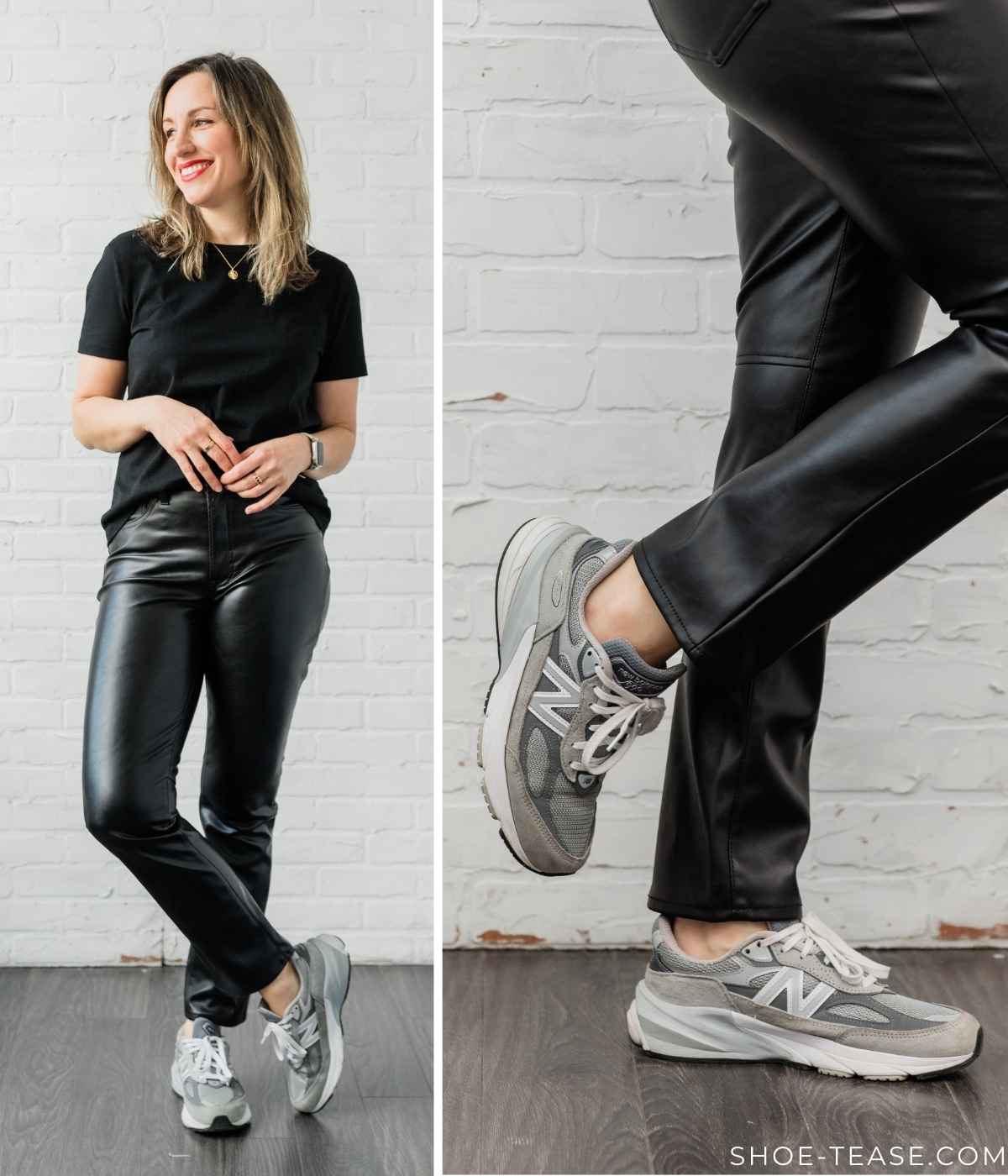 Woman posing wearing straight leg black leather pants with new balance dad sneakers + black tshirt.