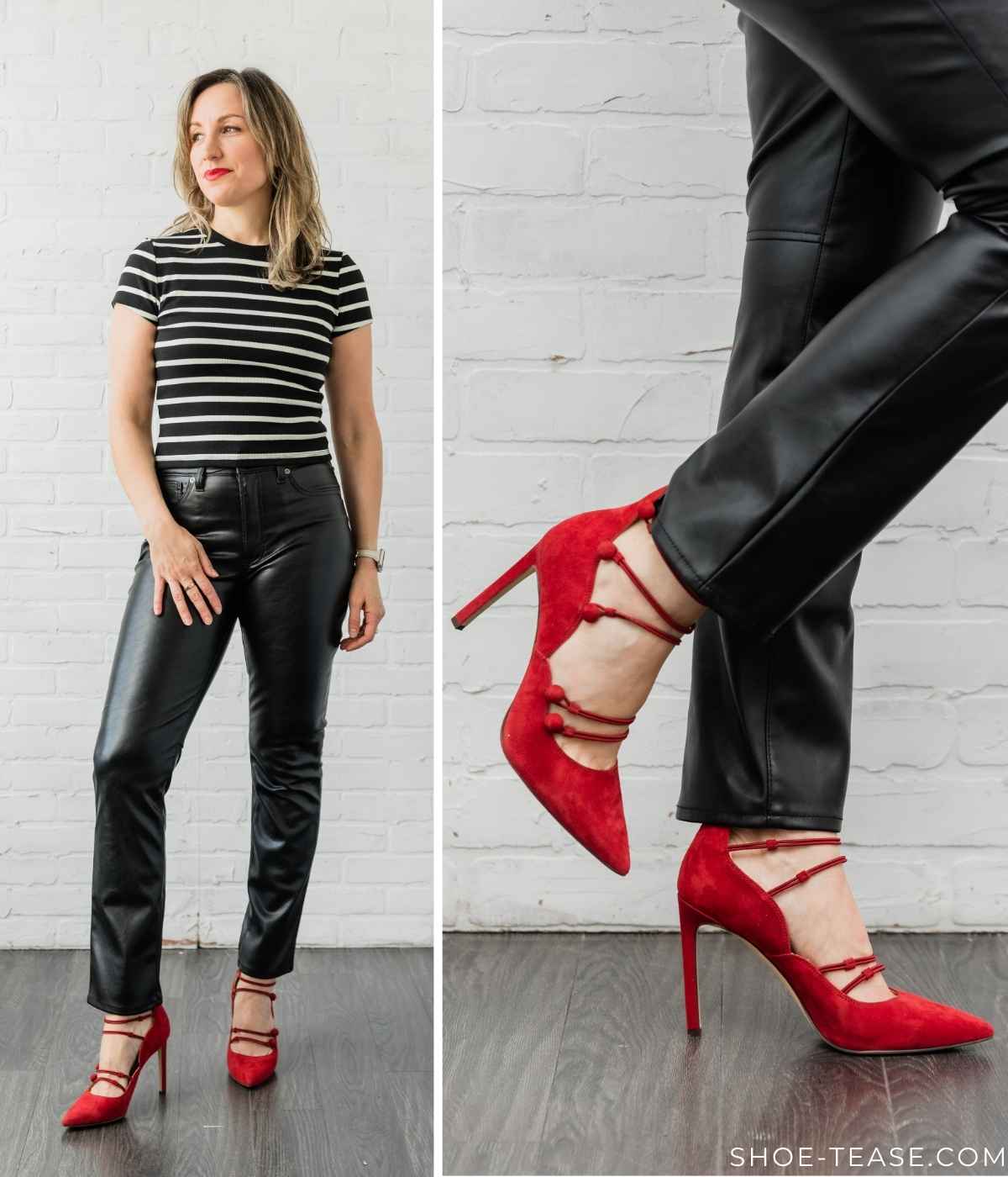 Woman posing wearing straight leg black leather pants with red heels + striped tshirt.