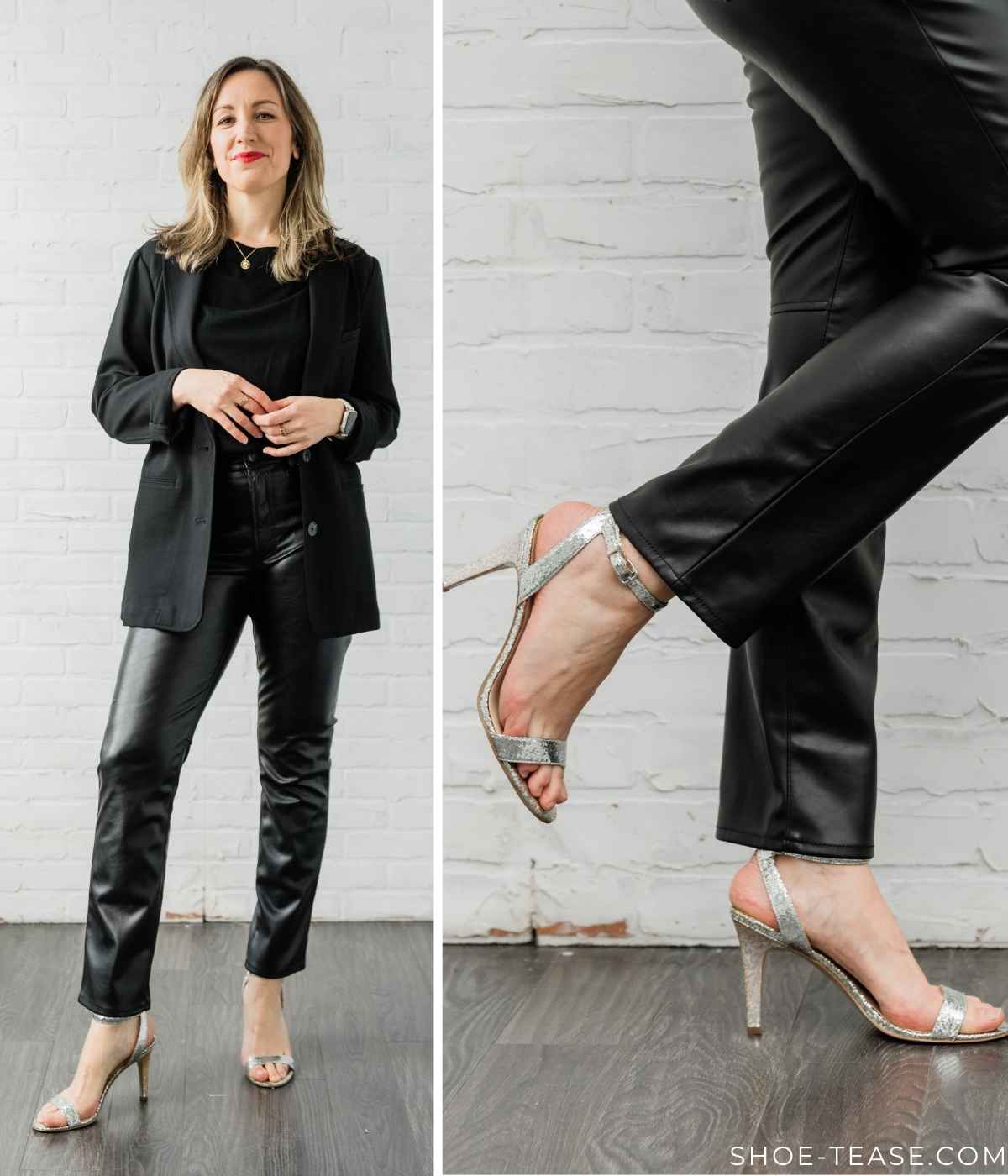 Woman posing wearing straight leg black leather pants with silver heels + black tshirt and black blazer.