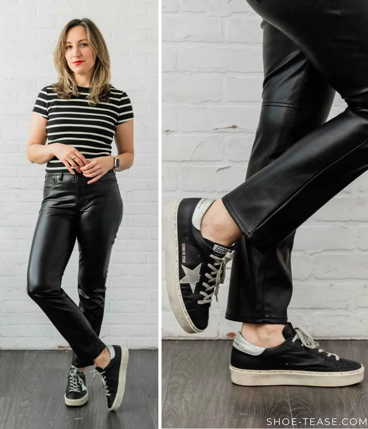 Woman posing wearing straight leg black leather pants with black sneakers + striped tshirt.