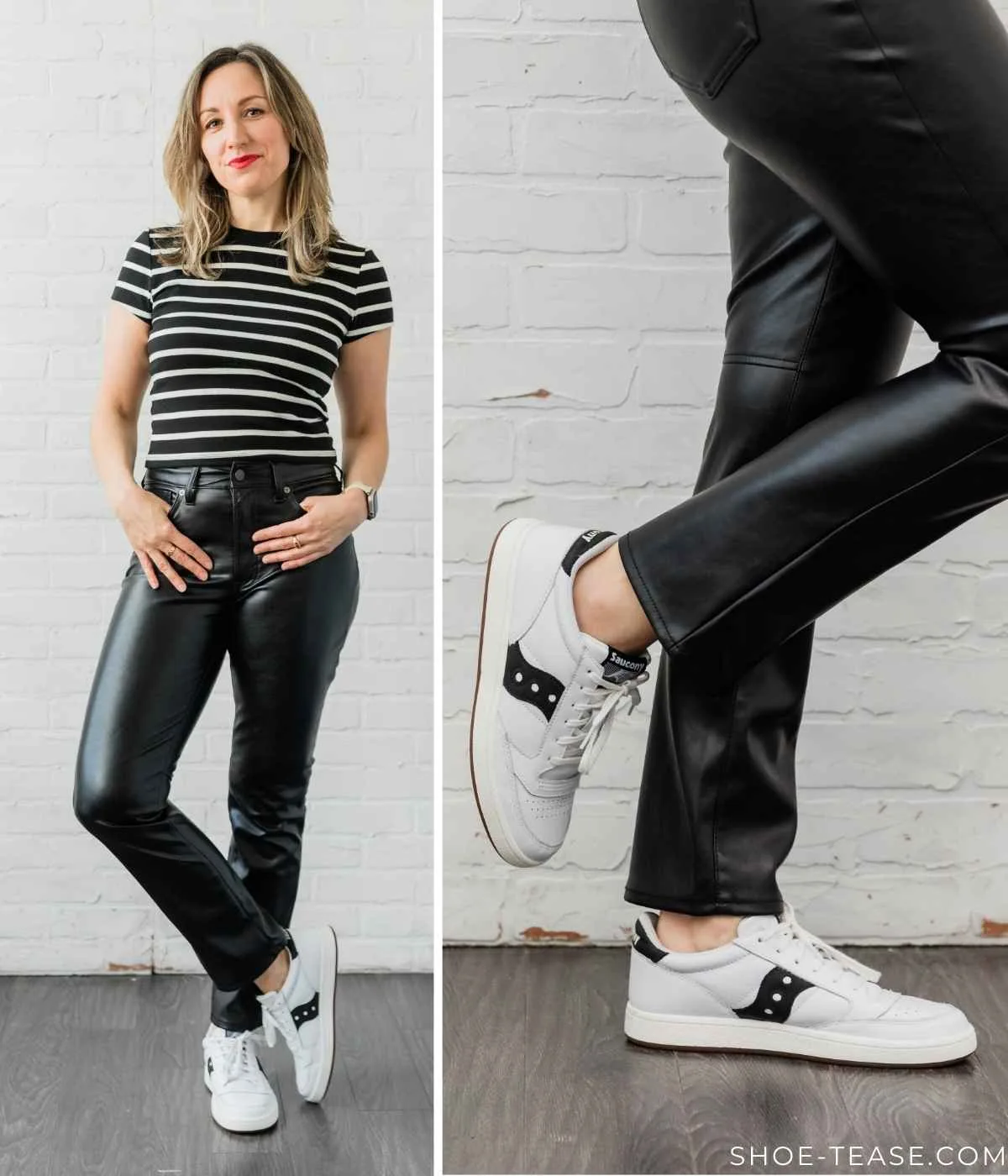 Woman posing wearing straight leg black leather pants with white sneakers + striped tshirt.