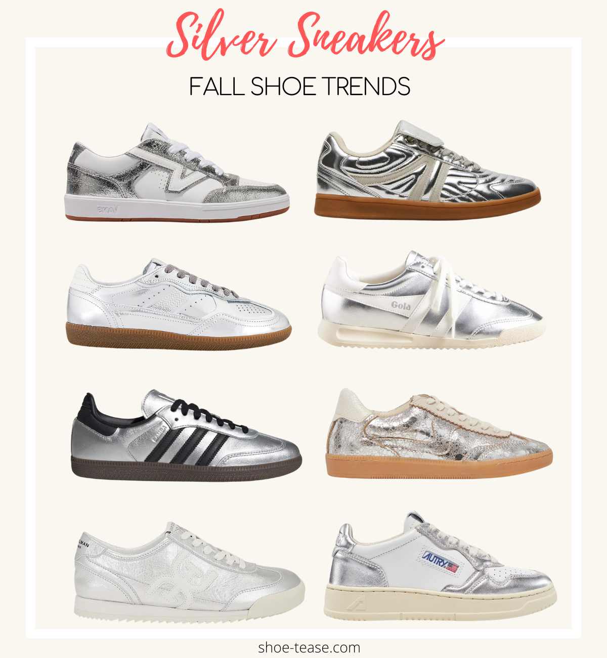 Fall 2024 womens silver sneakers trends.