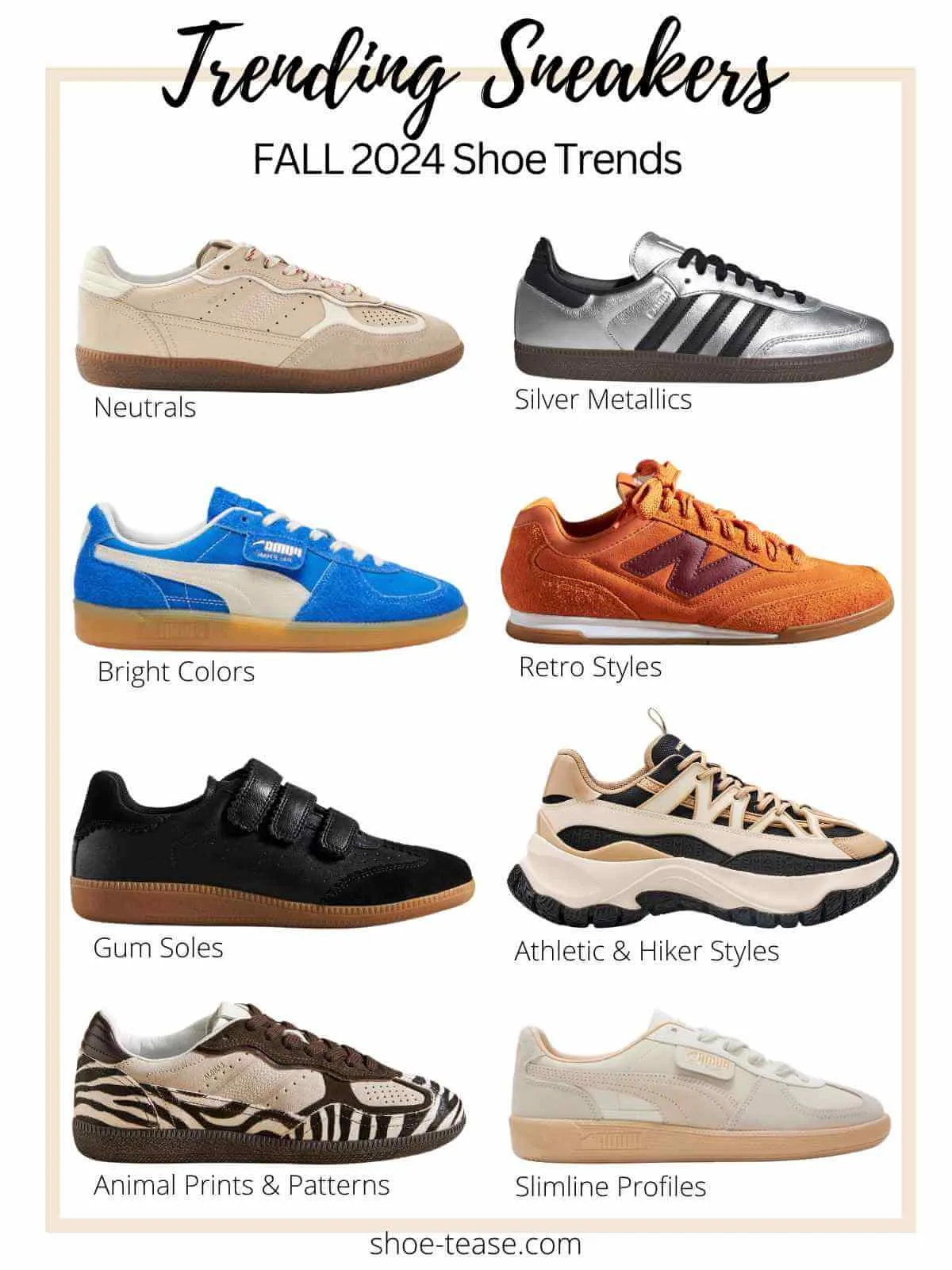 Collage of womens sneakers trend for fall 2024.