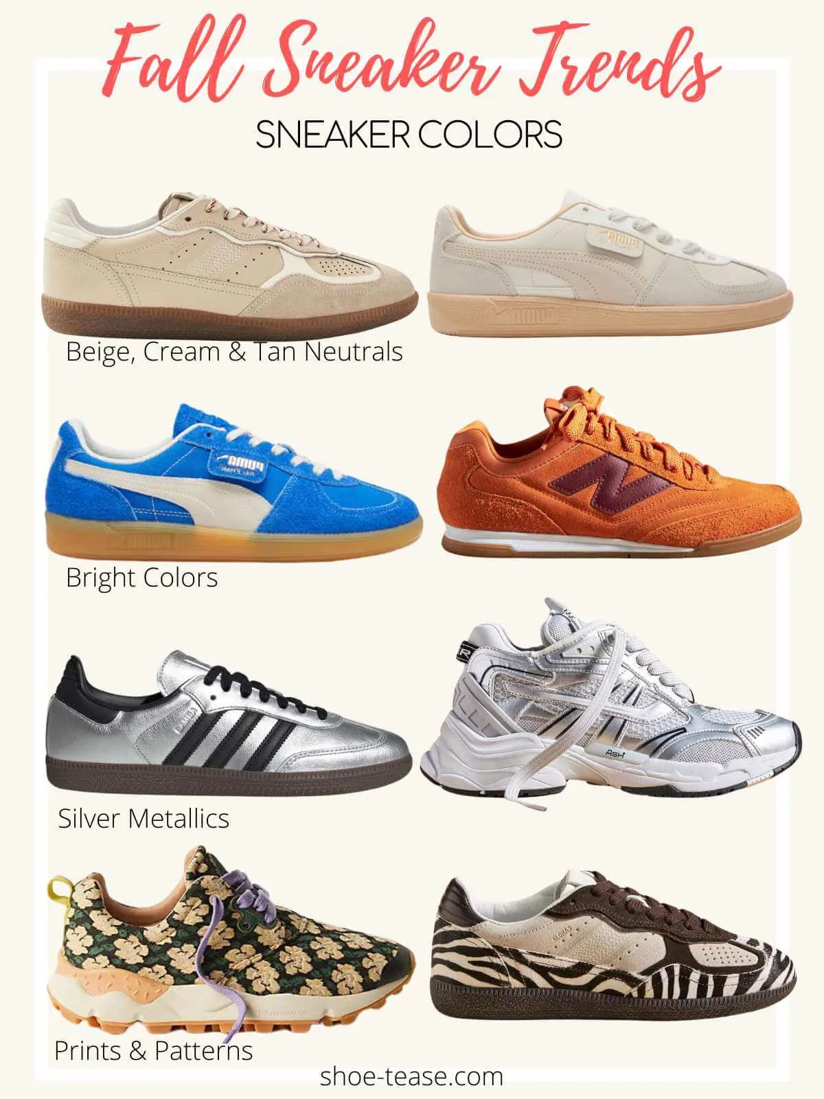 Fall 2024 womens neutral, bright colors, silver metallic, print and pattern sneakers trends.