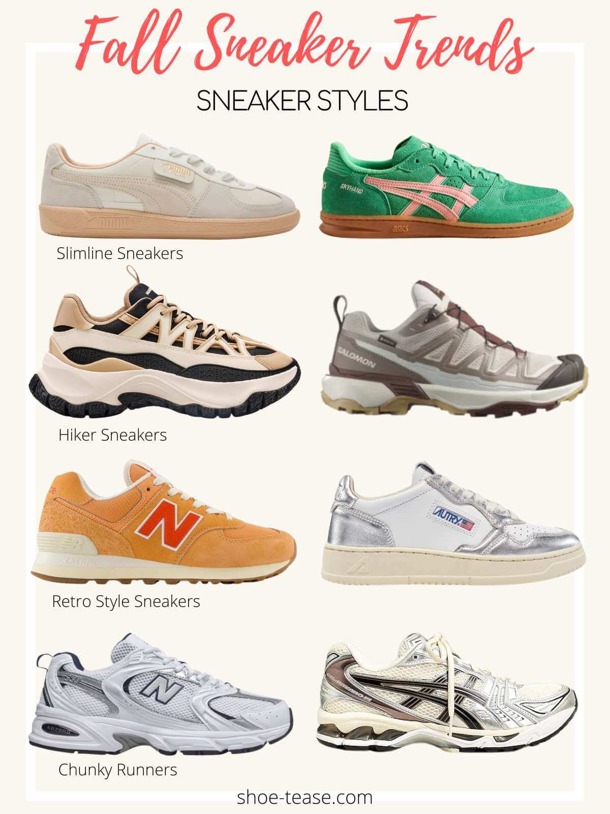 Fall 2024 womens slimline, hiker, retro and chunky runners sneakers trends.