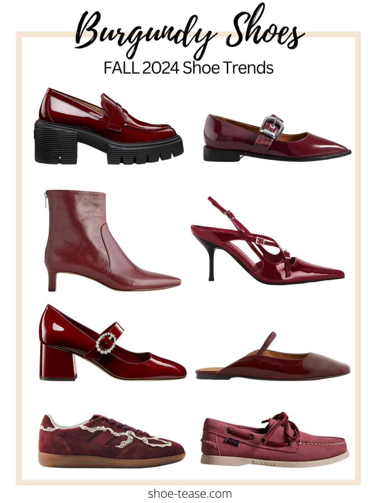 Collage of womens burgundy color trend for fall 2024.