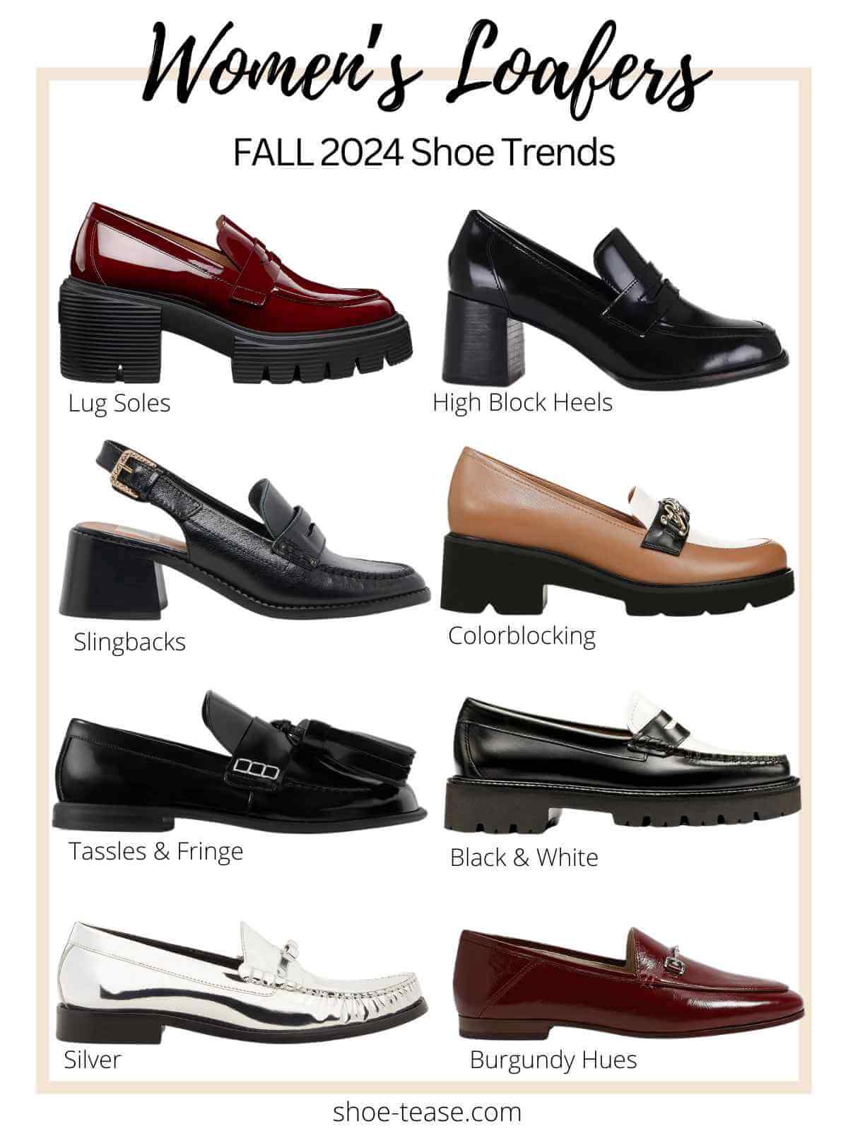 Collage of womens loafers shoe trend for fall 2024.