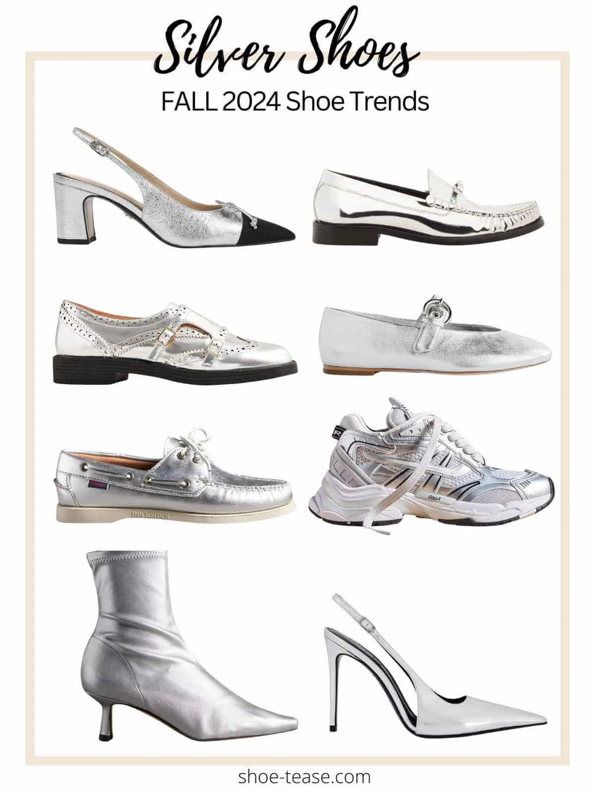 Collage of womens silver shoes trend for fall 2024.