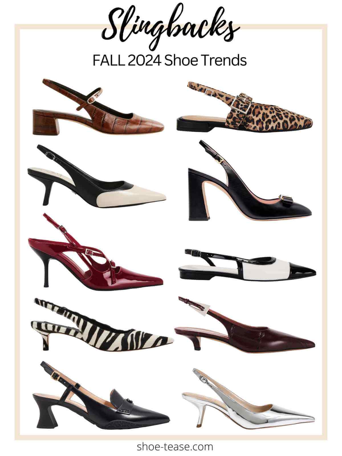 Collage of womens slingbacks shoe trend for fall 2024.