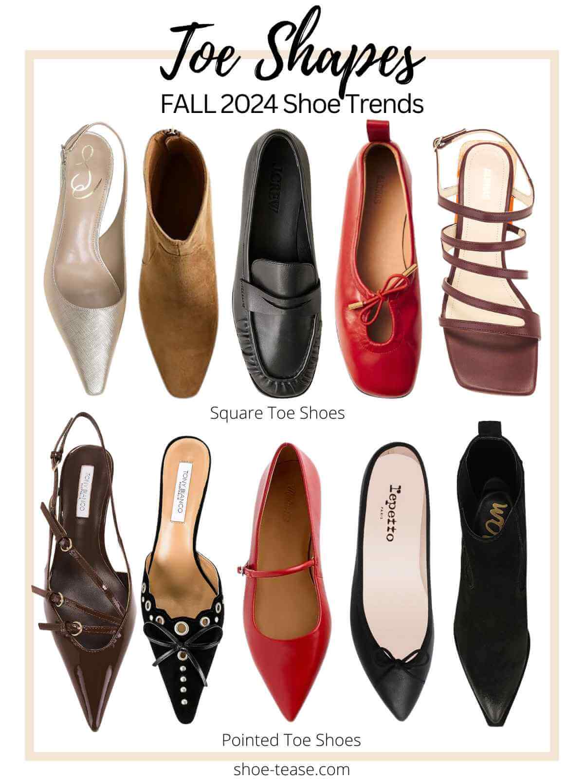 Collage of square toe and pointed toe shoes trends for fall 2024.