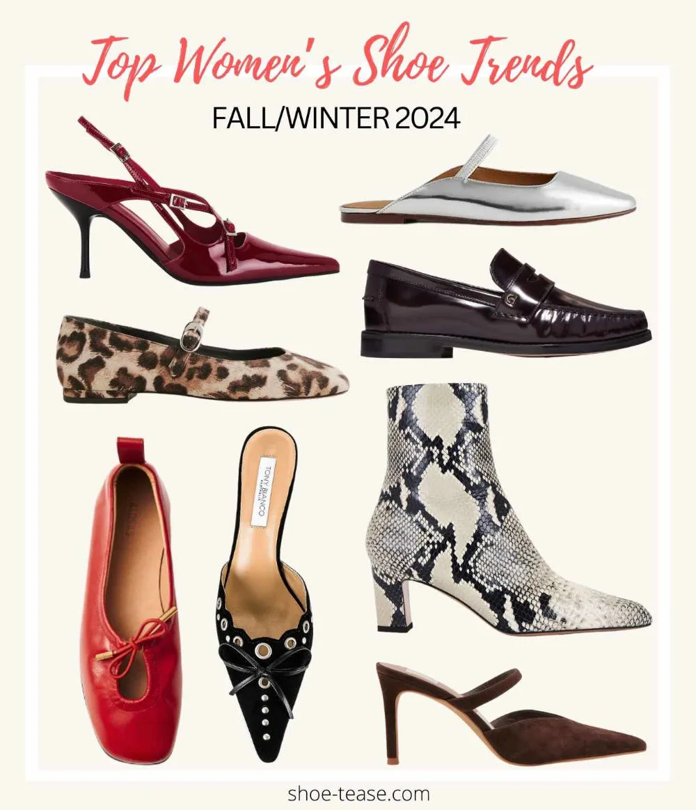 Collage of 8 shoes representing the top women's fall shoe trends in 2024.